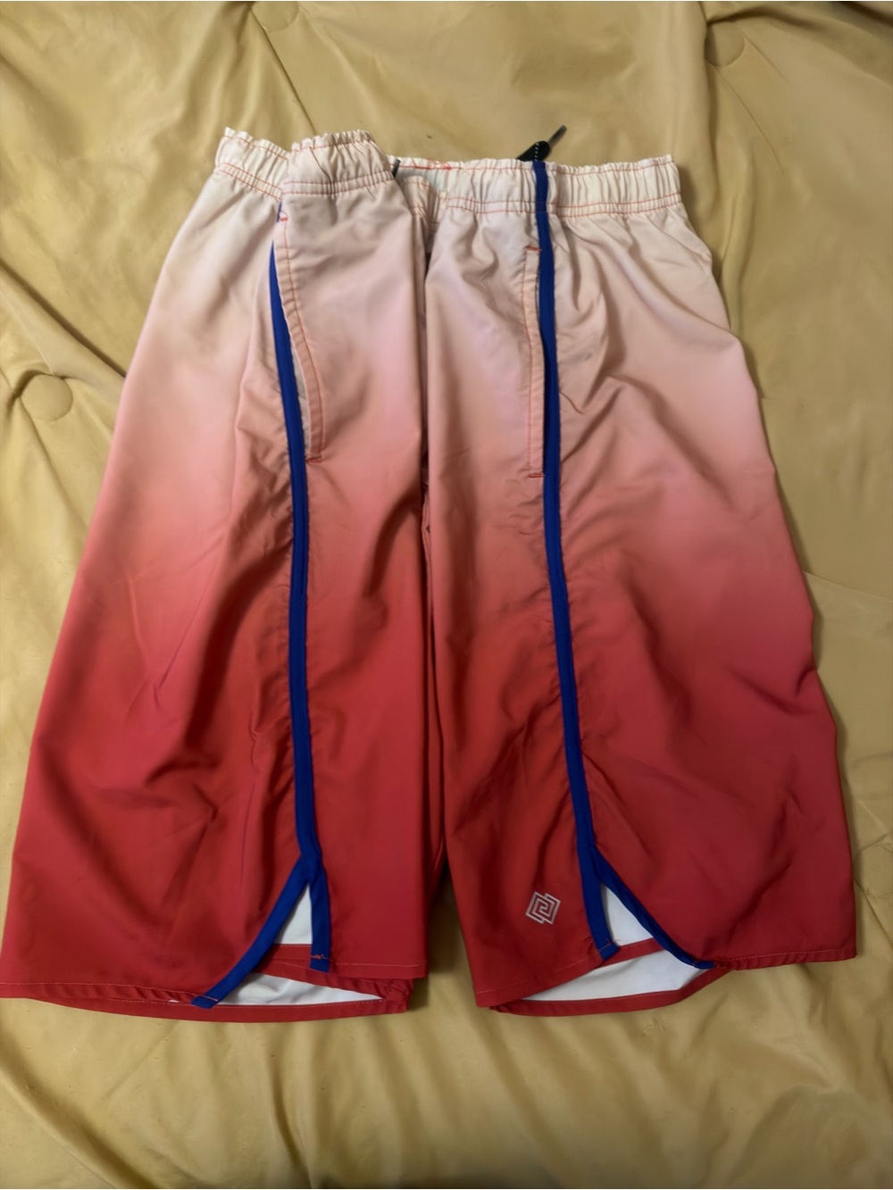 ZELOS Cream-to-Red Ombre Swim Trunks with Blue Trim